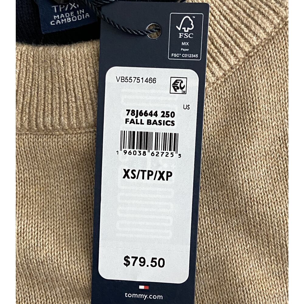 Tommy Hilfiger Men's XS Signature Crew Neck Sweater Embroidered Logo Beige NEW - Picture 10 of 12